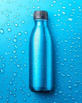 A Shiny Metallic Reusable Water Bottle Center Stage Surrounded by Many Droplets on Blue Backdrop.