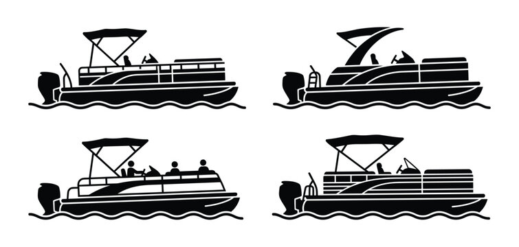 Set of black silhouette icons of pontoon boats floating on water for summer lake recreation