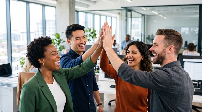 Cheerful diverse multiethnic business team giving high five celebrating success in modern corporate office, happy young coworkers motivated by victory, showing unity and great teamwork.