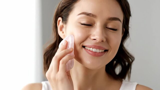 Smiling young woman using a rose quartz gua sha tool for facial massage