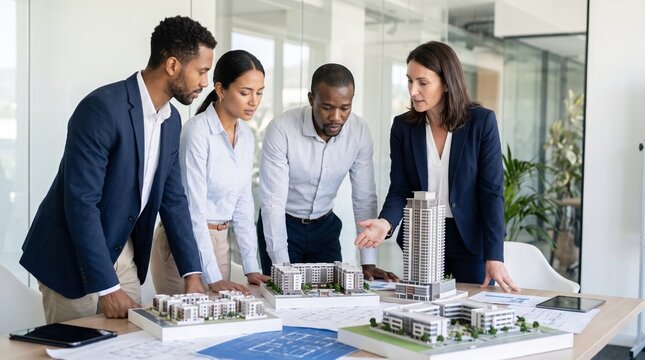 Professional diverse architects team analyzing miniature building models in office. Corporate engineers collaborating on city construction project blueprint, discussing urban strategy.