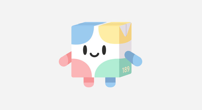 Modern abstract cube character with colorful geometric patterns and numeric detail isolated on neutral grey background.