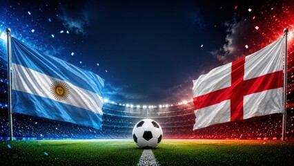 Naklejka premium football semifinal match concept featuring Argentina and England with smooth waving national flags in a modern stadium at night