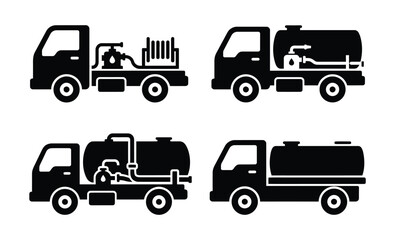 Fototapeta premium Set of black tanker truck icons with water tanks and pumping equipment for industrial transport