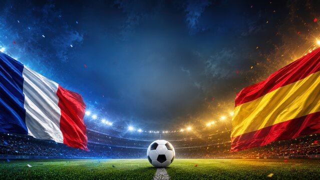 France vs Spain Football Semifinal Match Concept with National Flags and Soccer Ball in Stadium at Night