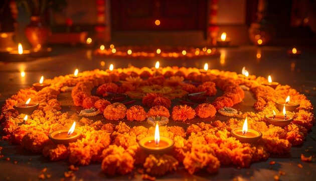 Traditional diwali flower rangoli with glowing oil lamps and festive decoration
