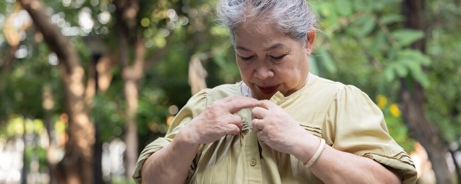 elderly asian female with sweat stains on her dress, feeling uncomfortable with unpleasant smell in a daytime park during hot summer, horizontal header crop