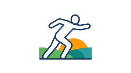 Obraz premium A stylized icon of a person running across a landscape at sunrise