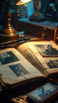 Vintage open book with old photographs on antique wooden desk, illuminated by warm brass lamp glow in dimly lit study room