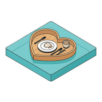Isometric Heart Shaped Breakfast Tray with Coffee and Plate on a Soft Blue Surface
