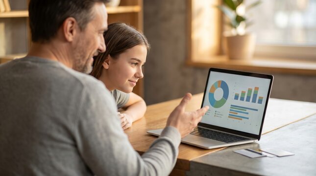 Father teaching teenage daughter financial planning with charts on laptop at home. Concept of family budgeting, investment basics and money management.