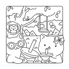 Obraz premium Two cheerful kittens take a break under a shady tree while sipping colorful bubble tea. With an owl resting nearby and an empty swing gently hanging from a branch.