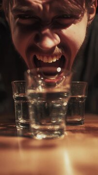 Angry man at a bar drinking shots.