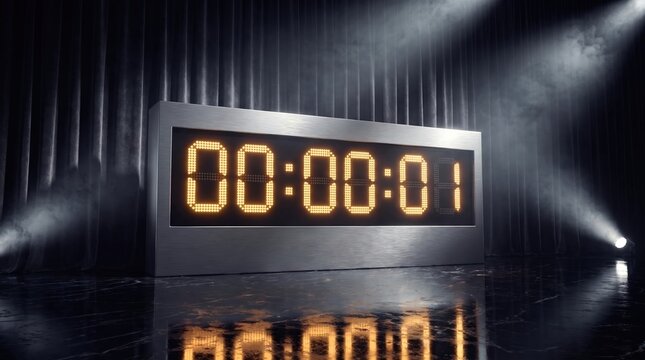 Large digital clock showing one second remaining on a stage, representing a final countdown or approaching deadline.