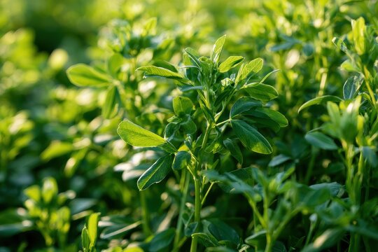 Green alfalfa foliage bathed in warm morning sunlight within a fertile meadow macro shot for sustainable agricultural development branding