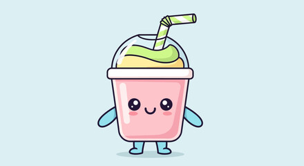 Kawaii smoothie character with face, arms, legs, cute straw, and lid, isolated on light blue background, vector art.