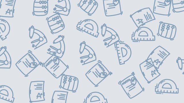 Doodle school icons like microscopes, protractors, abacuses, papers marked a plus. Suitable for educational designs, presentations, and websites promoting learning.