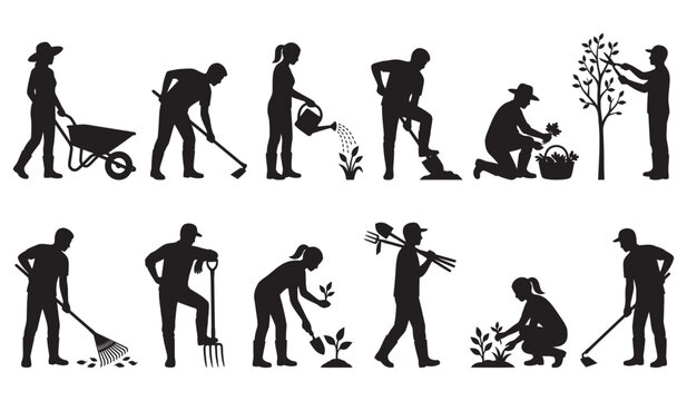 Gardening Silhouettes Set of People Planting, Watering, and Digging with Tools Isolated on White Background