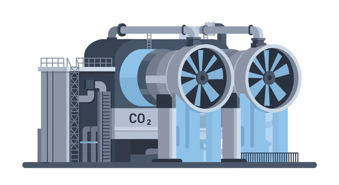 Industrial Direct Air Capture (DAC) Facility Vector Illustration with CO2 Fans and Pipes for Green Technology and Climate Change Solutions
