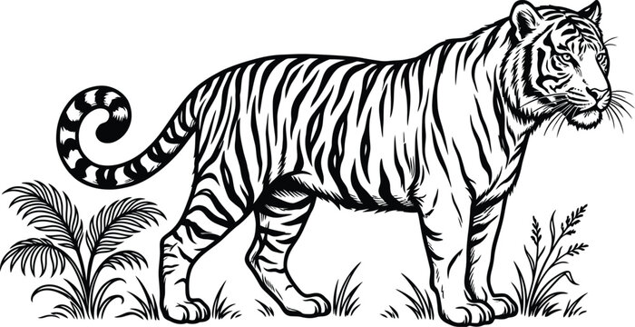 Black and white tiger standing in grass with plants