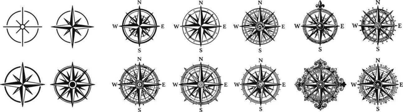 Collection of various black compass icons on white background