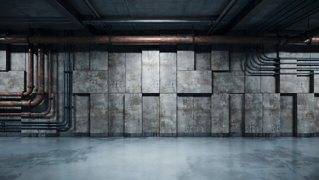 Industrial basement interior with exposed concrete walls and copper piping