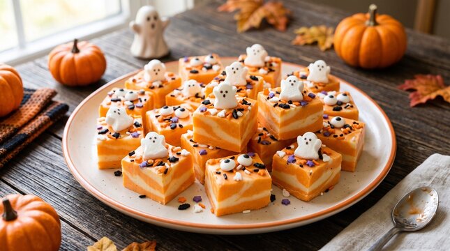 Festive Halloween orange creamsicle fudge with cute ghost toppings