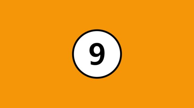 Countdown number nine appearing inside white circle on orange background in motion clip.