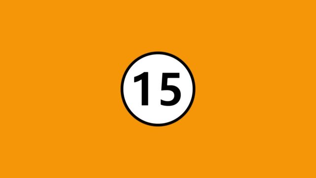 Minimalist countdown animation with number fifteen inside white circle on orange backdrop.