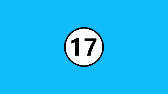 Number seventeen inside white circle on solid cyan blue background motion graphic sequence.