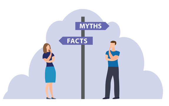 Fact vs Myth, truth or false information. Business people at facts vs myths directional sign.