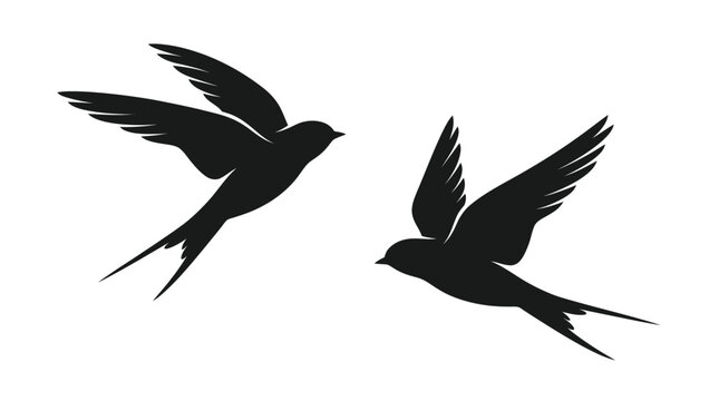Two elegant black swallow birds flying gracefully in a minimalist vector style on white background