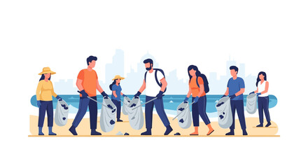 Obraz premium Community Volunteers Cleaning Up Beach Trash and Plastic Waste, Flat Vector Illustration of Environmental Protection and Ocean Conservation Initiative