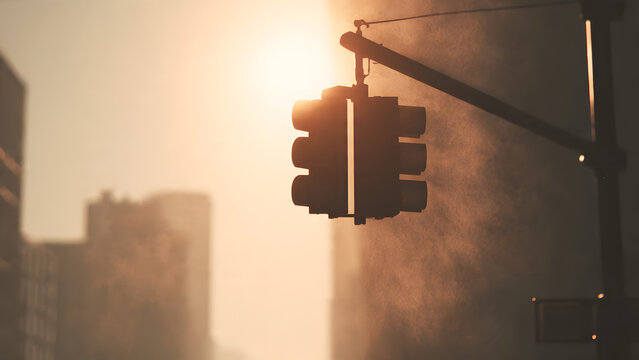 Traffic light silhouette against golden urban sunset haze