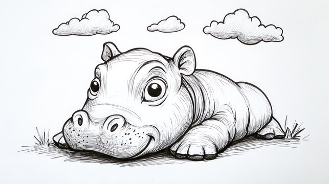 Black and white drawing of a cartoon hippo lying in grass with two sketched clouds above