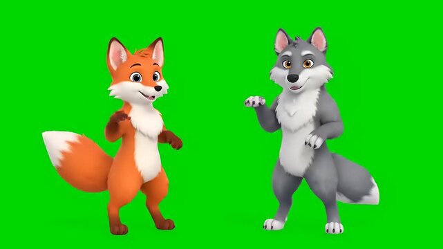 Cute cartoon fox and wolf dancing together on green screen background.