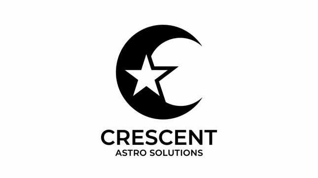 A minimalist graphic design featuring a crescent moon and a star symbol