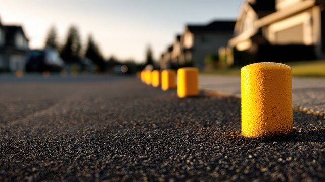 Safe parking in a quiet neighborhood: close-up of parking curb markers