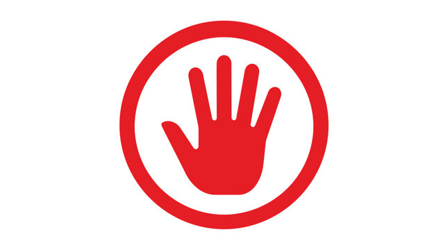 Bright red stop hand sign icon isolated on a clean and simple stark white background