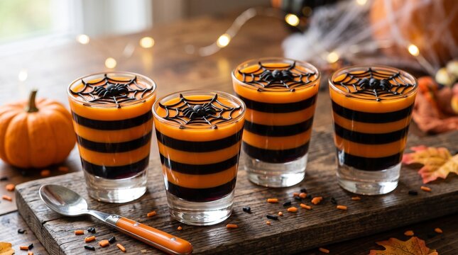 Spooky Halloween layered jello cups with spider web and spider decorations