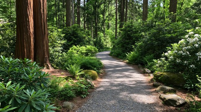 Forest path through a peaceful green nature landscape with trees and dense foliage