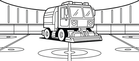 Street sweeper truck coloring page for kids featuring a large cleaning vehicle with rotating brushes in a city square environment and book and road © lok0077