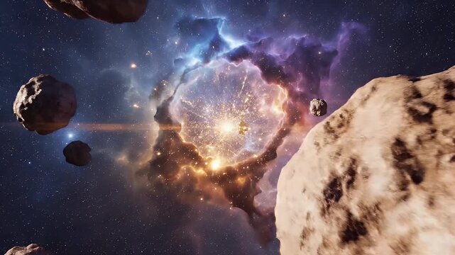 Asteroids drift through a cosmic nebula ablaze with distant stars and gas clouds