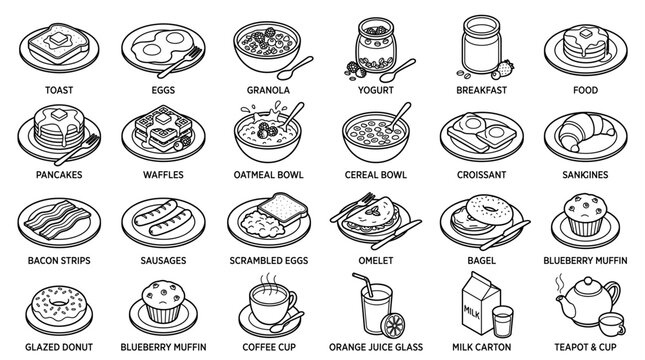 Breakfast Food Icons Set Line Art