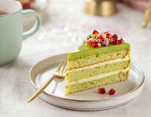 Close-up of a piece of cake with green filling and pomegranate seeds on a white plate with a gold fork. © SG- design