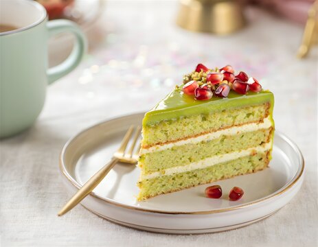 Close-up of a piece of cake with green filling and pomegranate seeds on a white plate with a gold fork.