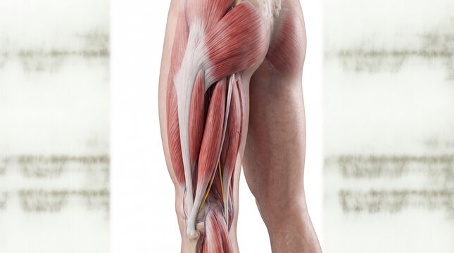 Human leg muscle anatomy hamstring quadriceps tendon ligament medical illustration educational detailed realistic anatomical isolated health