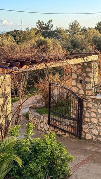 Rustic stone garden gate with iron bars and vine covered pergola in warm evening light, quiet countryside entrance, inviting peaceful outdoor retreat