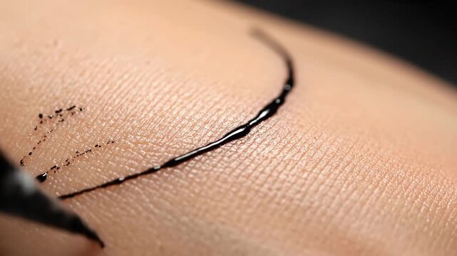 Close-up of black liquid eyeliner applied on human skin texture
