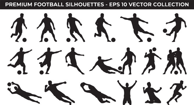 Premium football silhouette collection showcasing powerful action poses, dynamic movements, athletic skills, and the unstoppable energy of professional soccer.